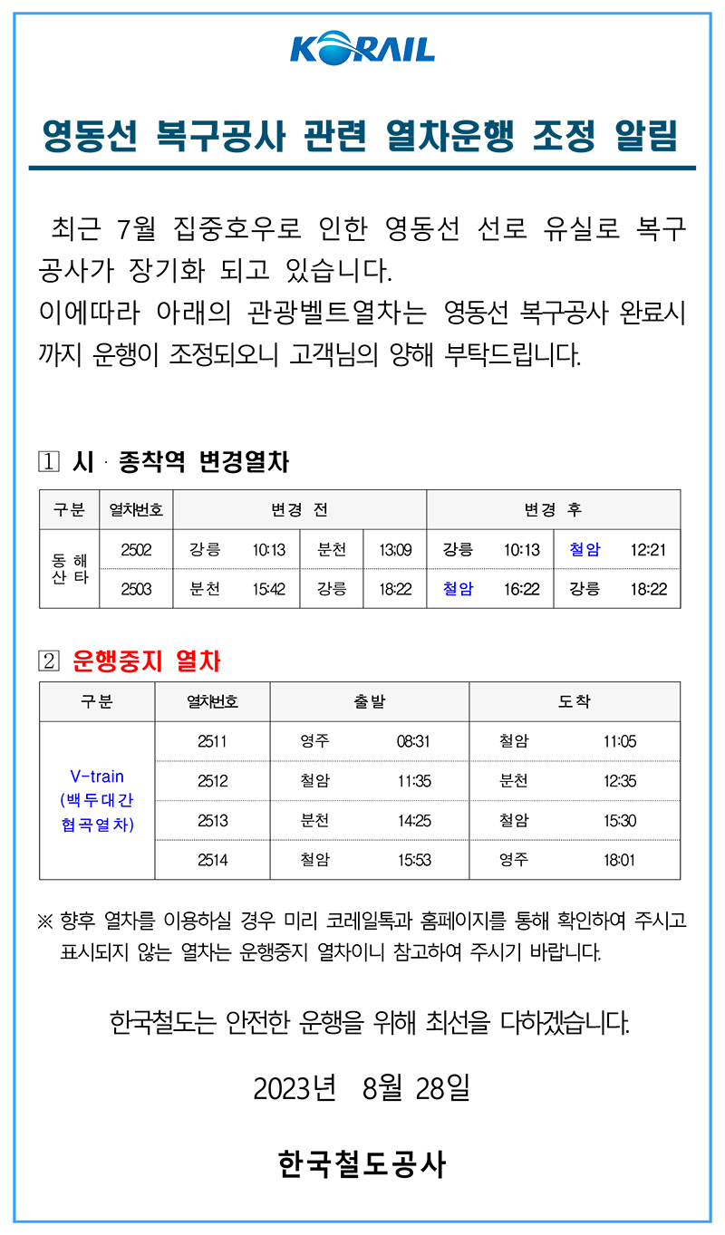 영동선 복구공사 관련 열차운행 조정 알림
최근 7월 집중호우로 인한 영동선 선로 유실로 복구공사가 장기화 되고 있습니다.
이에따라 아래의 관광벨트열차는 영동선 복구공사 완료시 까지 운행이 조정되오니 고객님의 양해 부탁드립니다. 
 

？？ 시·종착역 변경열차

구분
열차번호
변경 전
변경 후
동 해
산 타
2502
강릉
10:13
분천
13;09
강릉
10:13
철암
12:21
2503
분천
15:42
강릉
18:22
철암
16:22
강릉
18:22


？ 운행중지 열차

구분
열차번호
출발
도착
V-train
(백두대간
협곡열차)
2511
영주
08:31
철암
11:05
2512
철암
11:35
분천
12:35
2513
분천
14:25
철암
15:30
2514
철암
15:53
영주
18:01


※ 향후 열차를 이용하실 경우 미리 코레일톡과 홈페이지를 통해 확인하여 주시고 표시되지 않는 열차는 운행중지 열차이니 참고하여 주시기 바랍니다.

 한국철도는 안전한 운행을 위해 최선을 다하겠습니다.