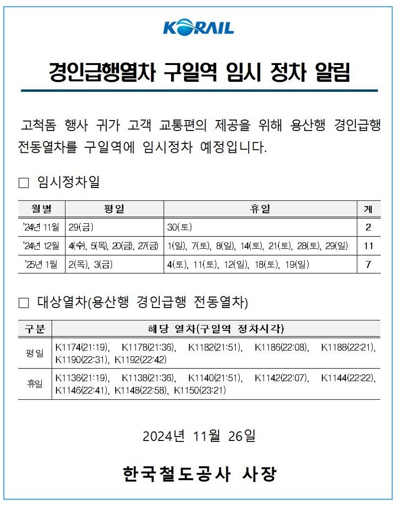 경인급행열차 구일역 임시 정차 알림 