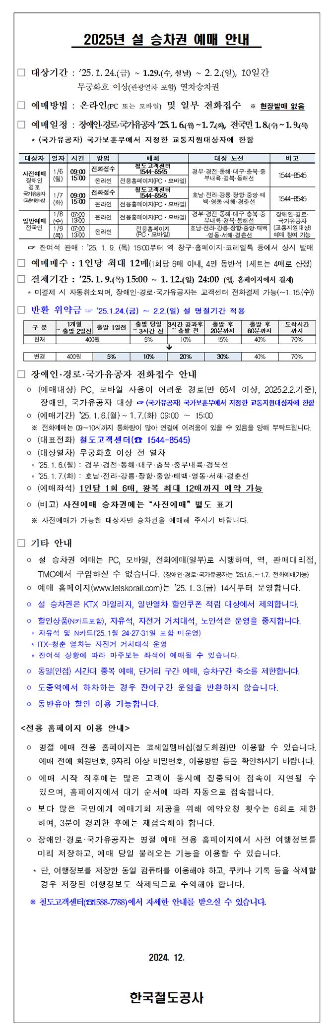 2025년 설 승차권 예매 관련 안내드립니다.
명절 기간인 2025년 1월 24일부터 2월 2일까지 약 10일간의 승차권을 대상으로
25년 1월 6일부터 9일까지 예매를 실시합니다.

6일과 7일에는 교통약자(장애인, 국가유공자, 노인)에 한하여 전화예매와 온라인 예매를 사전에 시행하고 8일과 9일에는 전국민을 대상으로 온라인 예매를 시행합니다.

자세한 내용은 철도 고객센터 1588-7788로 문의해주시기 바랍니다.